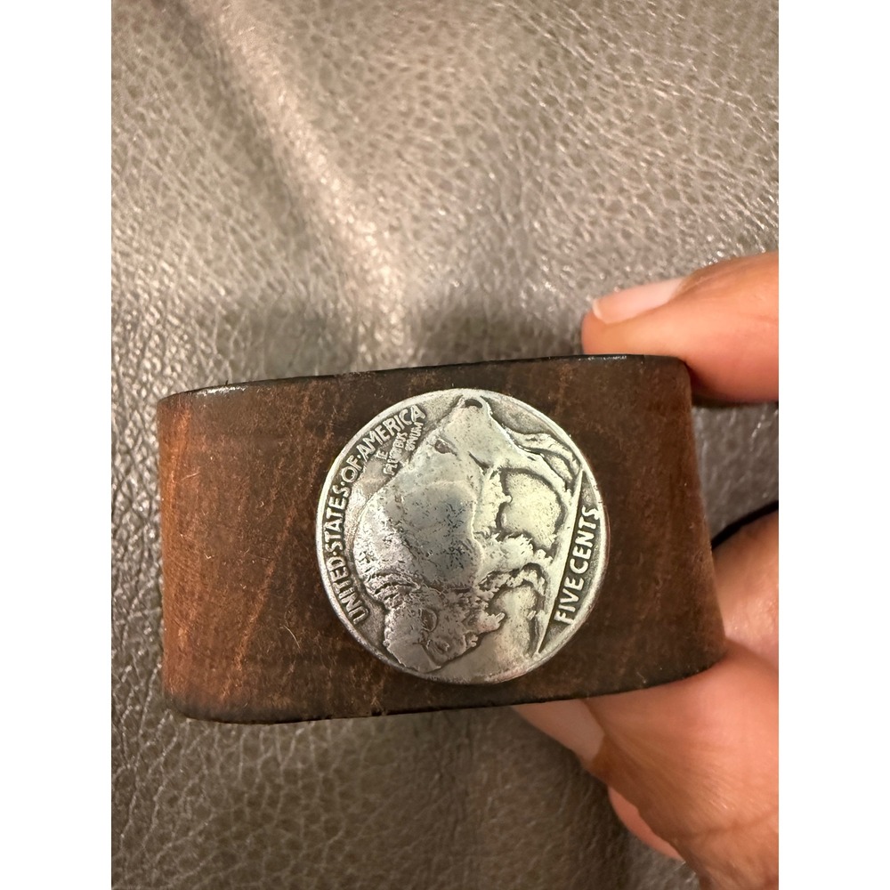 Buffalo Nickel Leather Cuff Bracelet Brown Distressed Wide Band Western Unisex